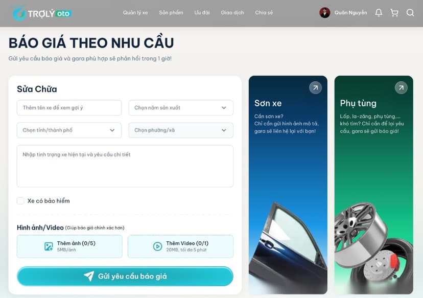 TROLYoto cung cấp giải pháp báo giá theo nhu cầu, giúp chủ xe ước lượng được chi phí trước khi đến gara