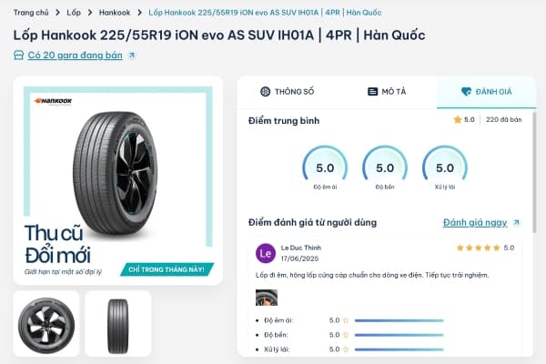 Chủ xe trên TROLYoto đánh giá cao lốp xe điện Hankook iON Evo