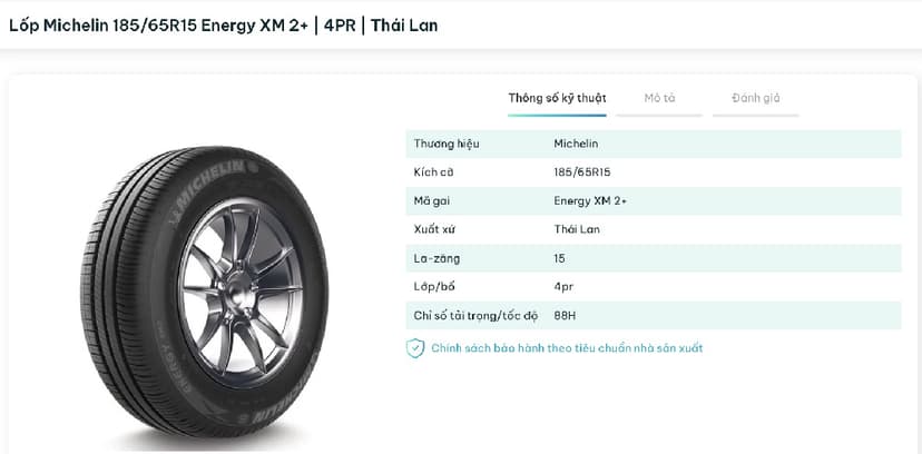 Lốp Michelin 185/65R15 Energy XM 2+ là một lựa chọn phù hợp với dòng Kia Rio sedan 1.4 MT