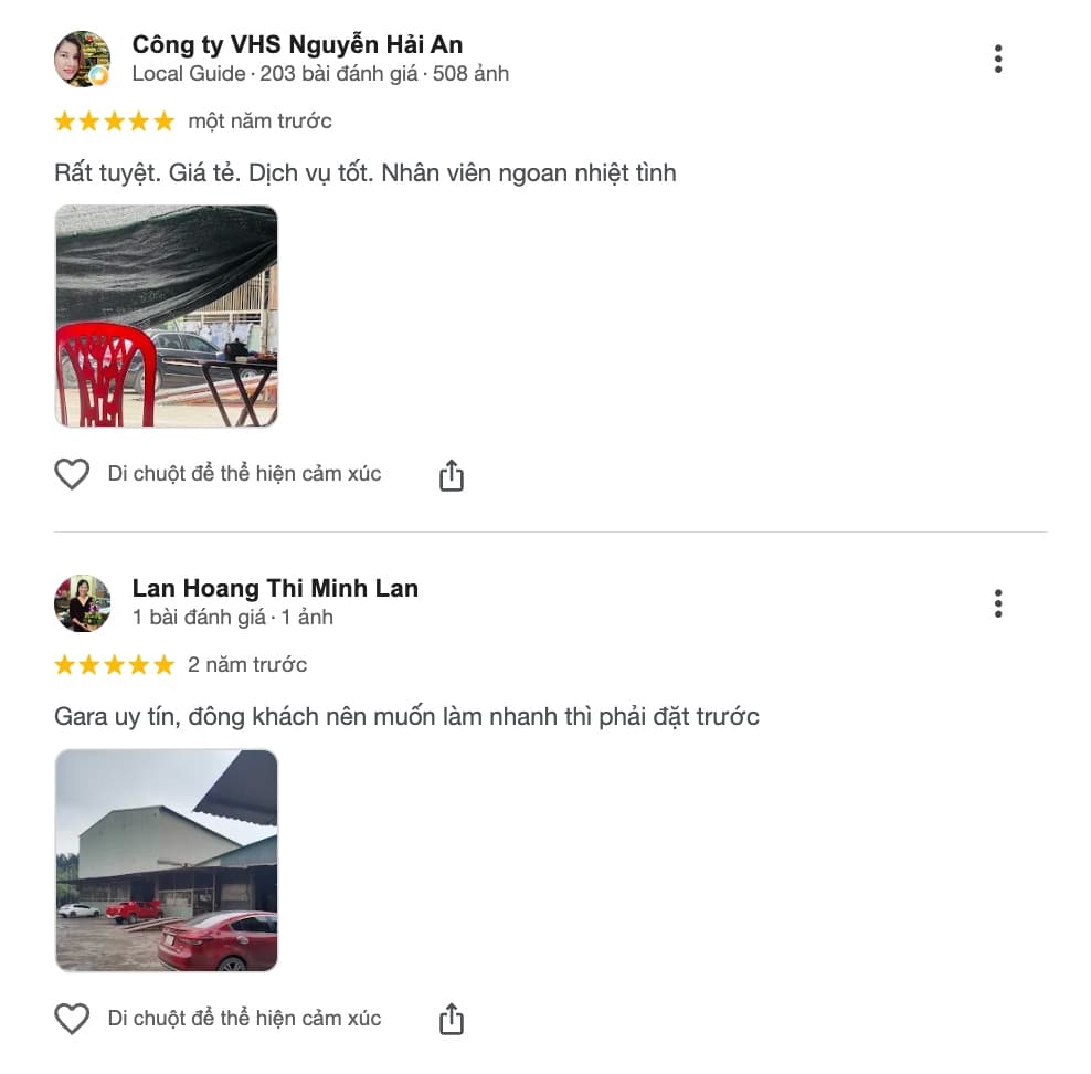 Review từ khách hàng về gara Diễn Trang