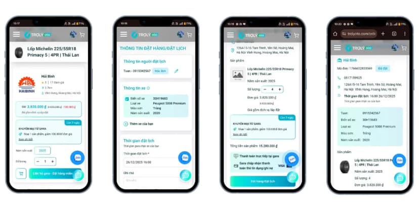Các bước đặt lịch thay lốp trên TROLYoto