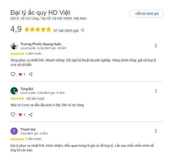 Đánh giá tích cực của khách hàng dành cho dịch vụ và giá cả tại Ắc Quy HD Việt