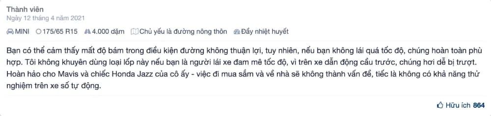 Review từ một người dùng trên Tyre reviews về lốp Kumho Ecowing KH27