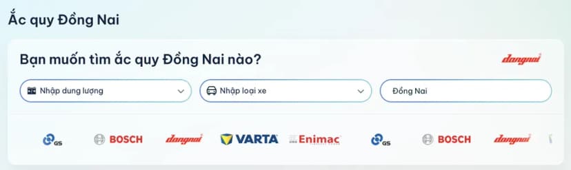 Công cụ tra cứu ắc quy Đồng Nai theo dung lượng và dòng xe trên TROLYoto