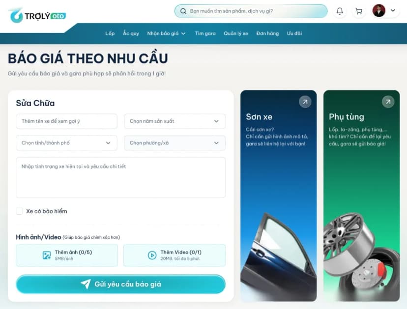 Tính năng báo giá sửa chữa theo nhu cầu của TROLYoto