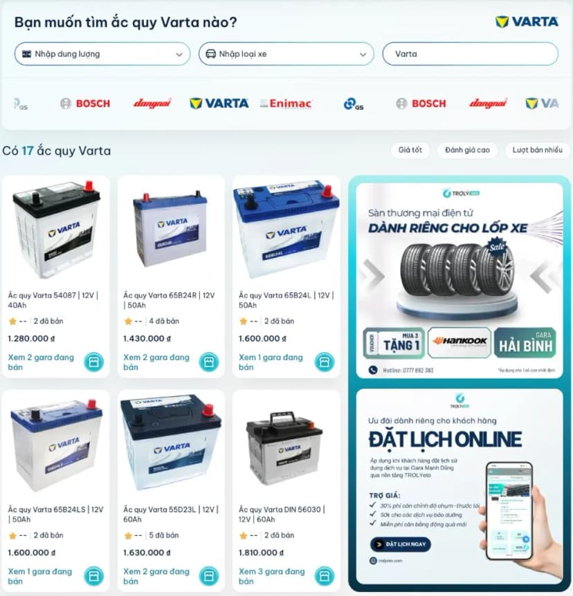 Tra cứu và so sánh giá ắc quy Varta dễ dàng tại TROLYoto
