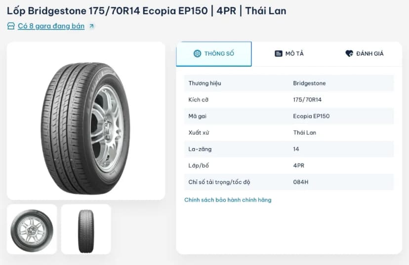 Lốp Bridgestone 175/70R14 Ecopia EP150 là một lựa chọn phù hợp với Kia Soluto