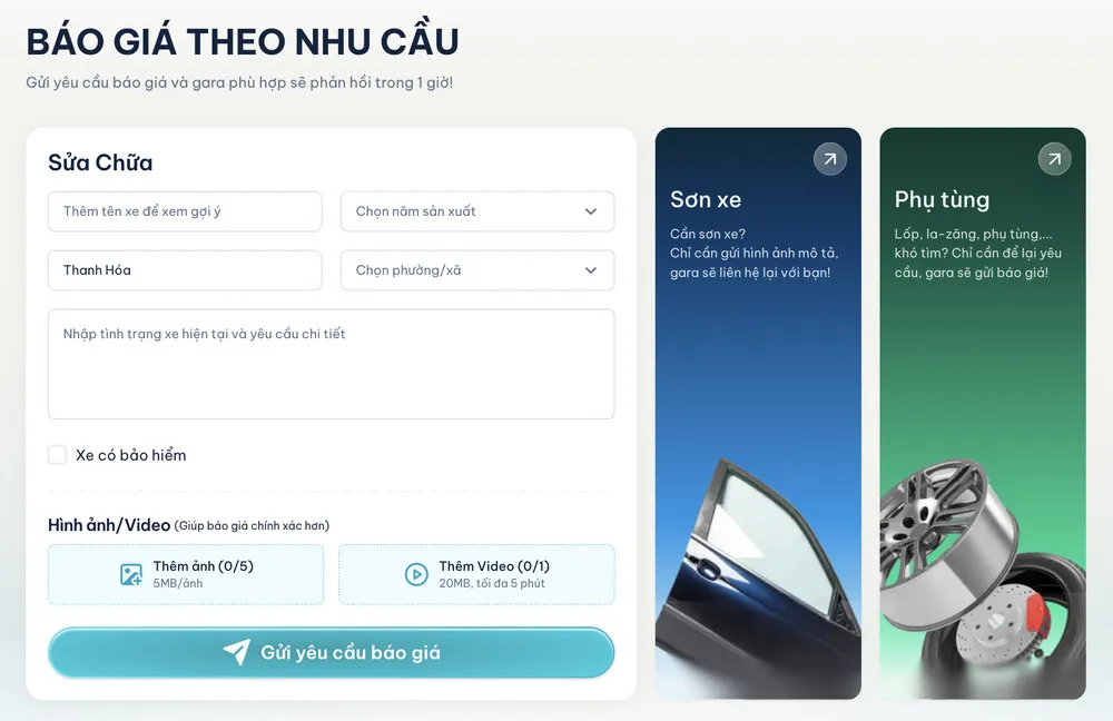 Tính năng báo giá theo yêu cầu giúp chủ xe dễ dàng so sánh giá dịch vụ của nhiều bên