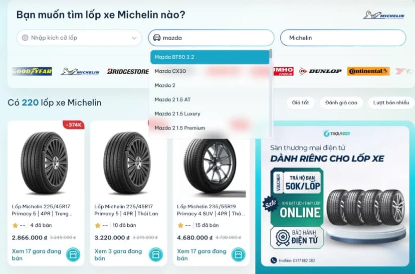 Tìm lốp Michelin theo xe