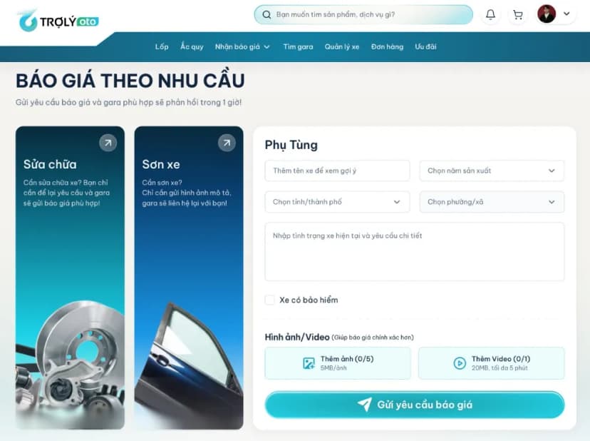 Tính năng báo giá theo nhu cầu của TROLYoto