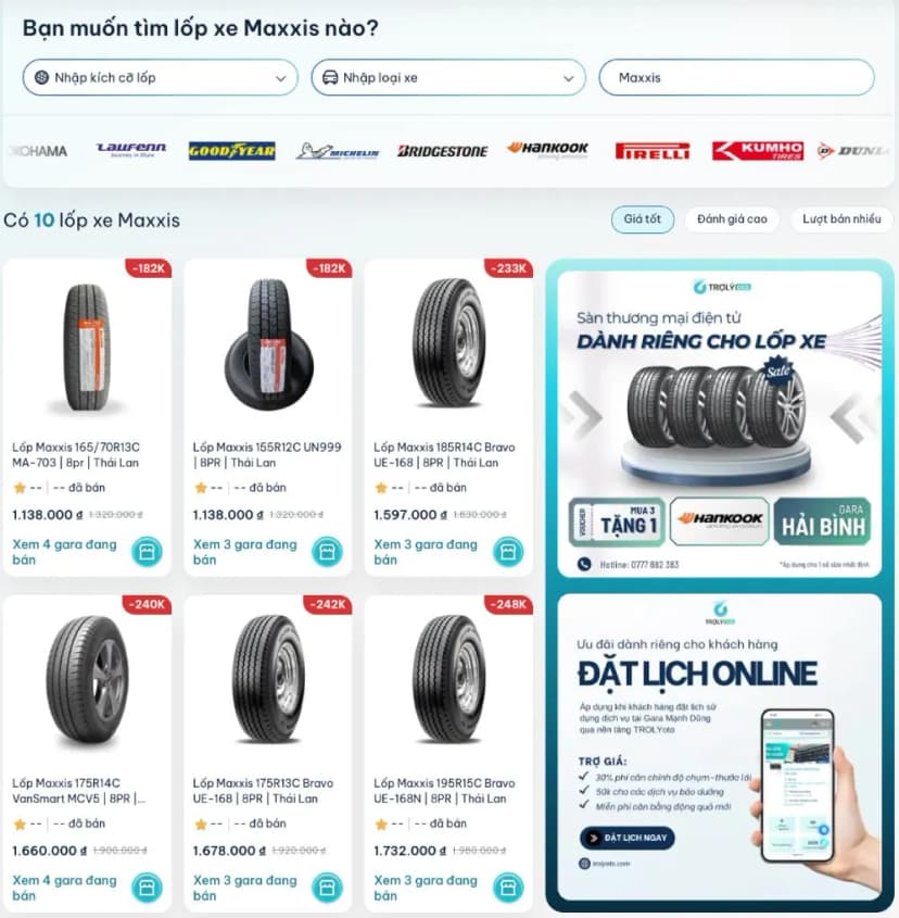 TROLYoto - Nền tảng kết nối đặt mua lốp Maxxis chính hãng và đặt lịch gara uy tín