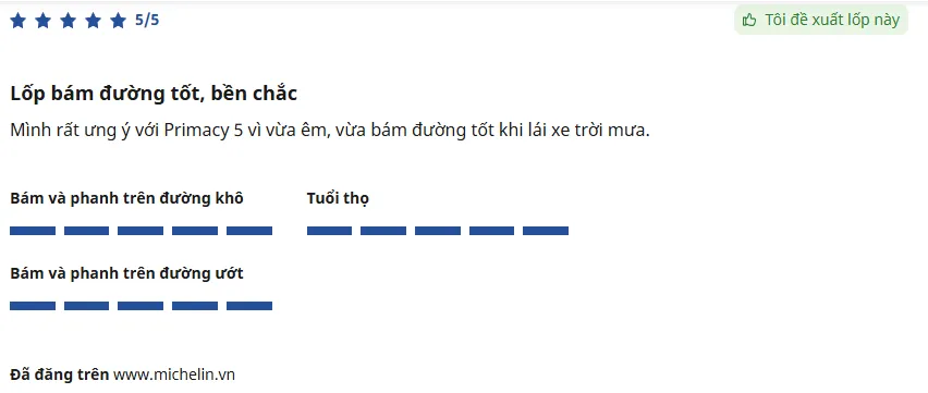 Người dùng đánh giá cao khả năng phanh ổn định trên đường ướt của dòng lốp Michelin Primacy 5