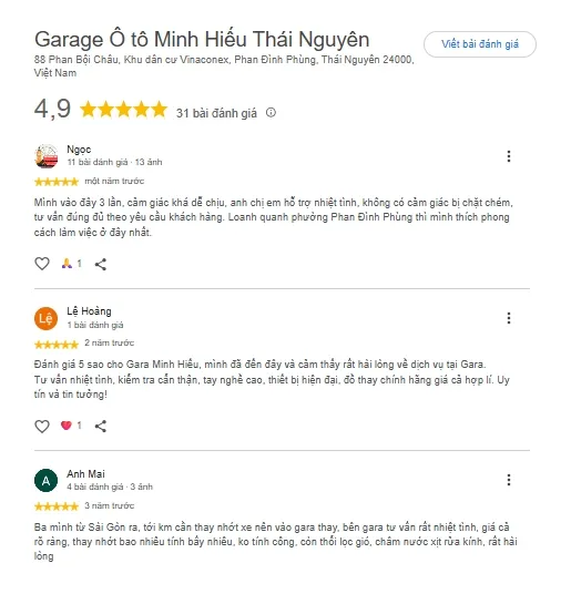 Đánh giá tích cực từ khách hàng dành cho Gara Ô Tô Minh Hiếu