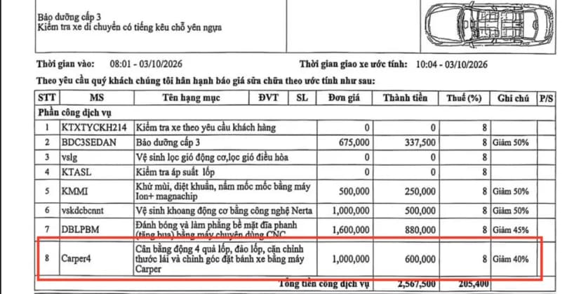 Hóa đơn dịch vụ cân chỉnh thước lái tại 1 gara