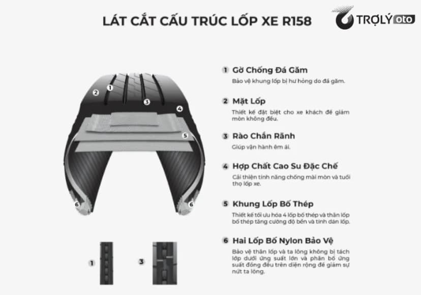 Lát cắt chi tiết cấu trúc lốp xe tải Bridgestone R158