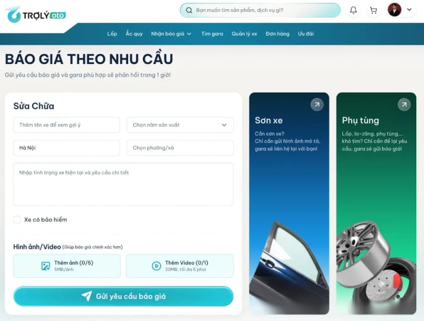 Tính năng báo giá sửa chữa theo yêu cầu trên TROLYoto