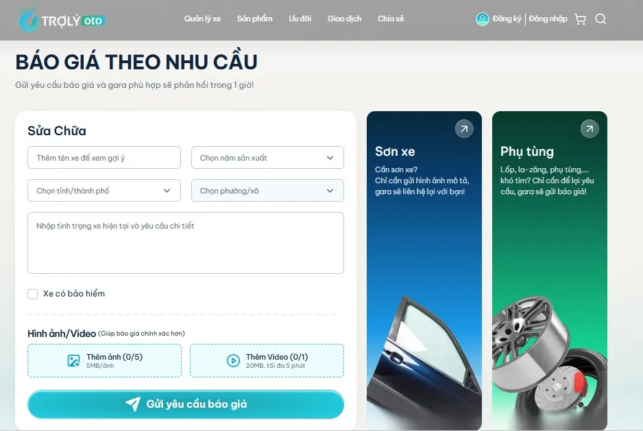 Tính năng gửi yêu cầu báo giá sửa chữa, sơn xe và phụ tùng tiện lợi