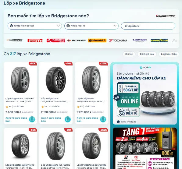 Bảng giá một số mẫu lốp Bridgestone trong tháng 10/2026