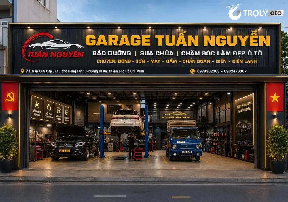 Mặt tiền và biển hiệu chính thức của Garage Tuấn Nguyễn tại Dĩ An
