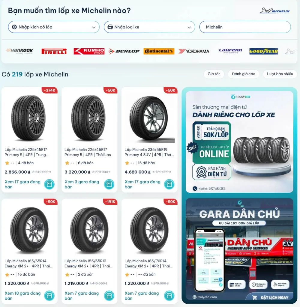 Tra cứu nhanh các sản phẩm lốp Michelin chính hãng qua ứng dụng TROLYoto