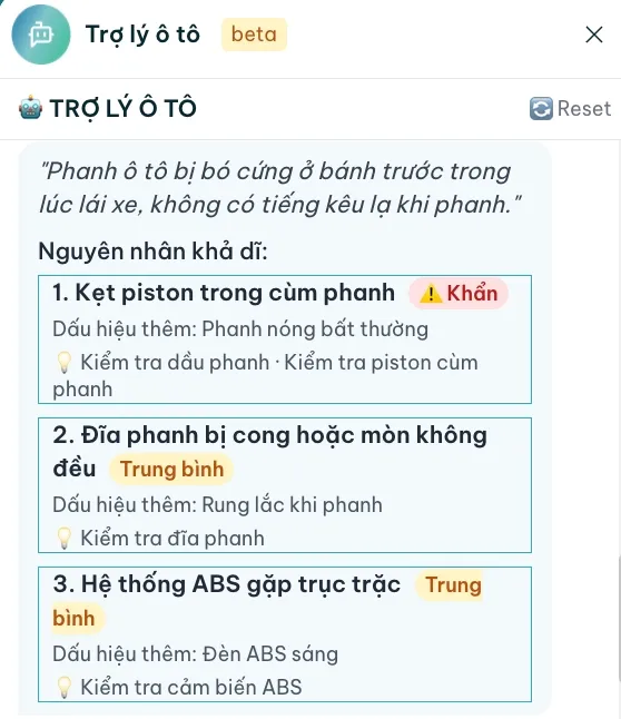 Tra cứu tình trạng má phanh bị bó cứng bằng AI của TROLYoto