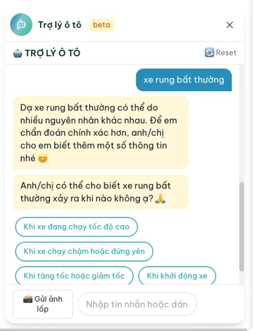 Sử dụng AI chatbot của TROLYoto để chẩn đoán tình trạng xe rung bất thường
